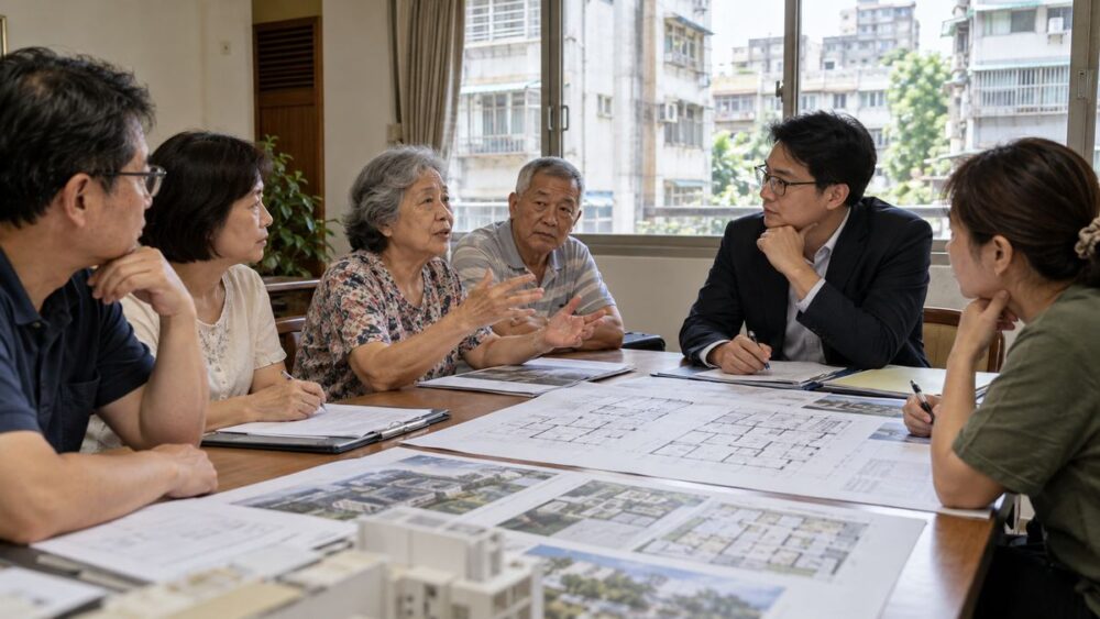 台灣社區住戶在都更說明會中，與專業人員檢視建築圖面並提出問題