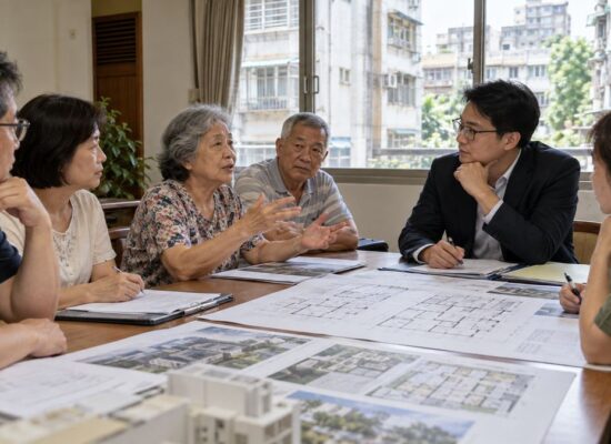 台灣社區住戶在都更說明會中,與專業人員檢視建築圖面並提出問題